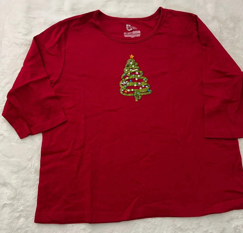 Classic Elements Women 26/28W Red Christmas Tree Rhinestone Short Sleeve T Shirt